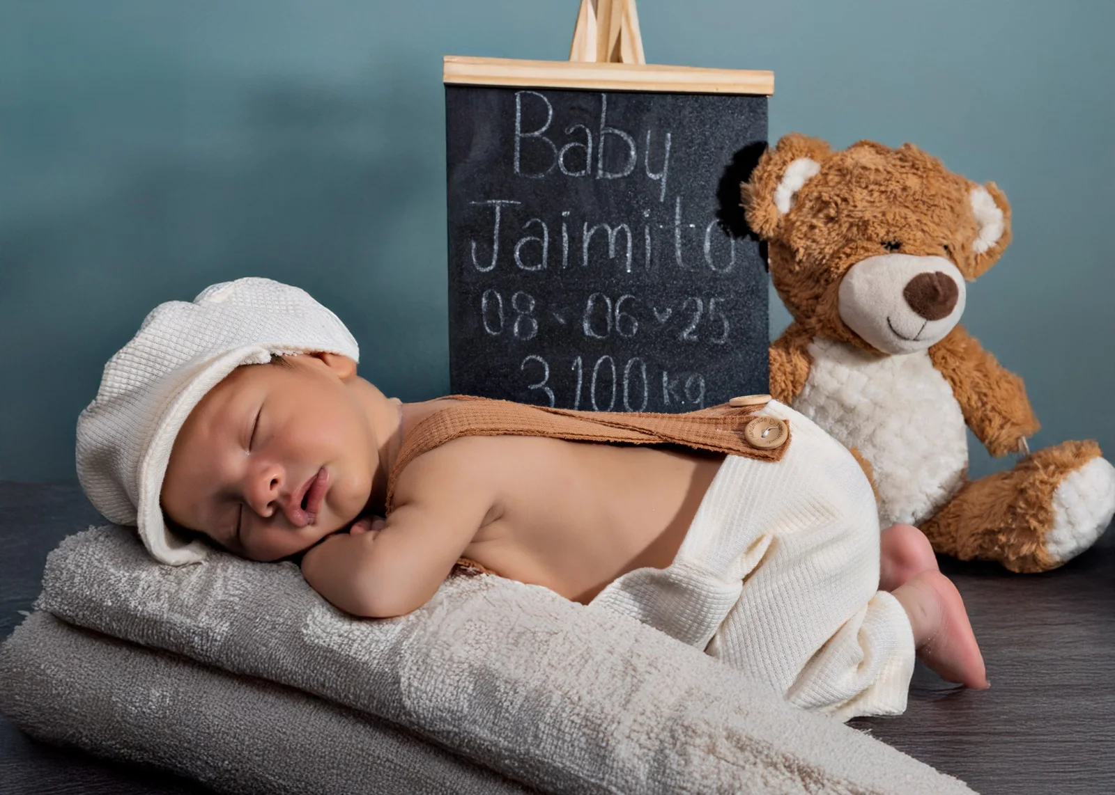 Bebé dormido con gorrito blanco junto a un oso de peluche.